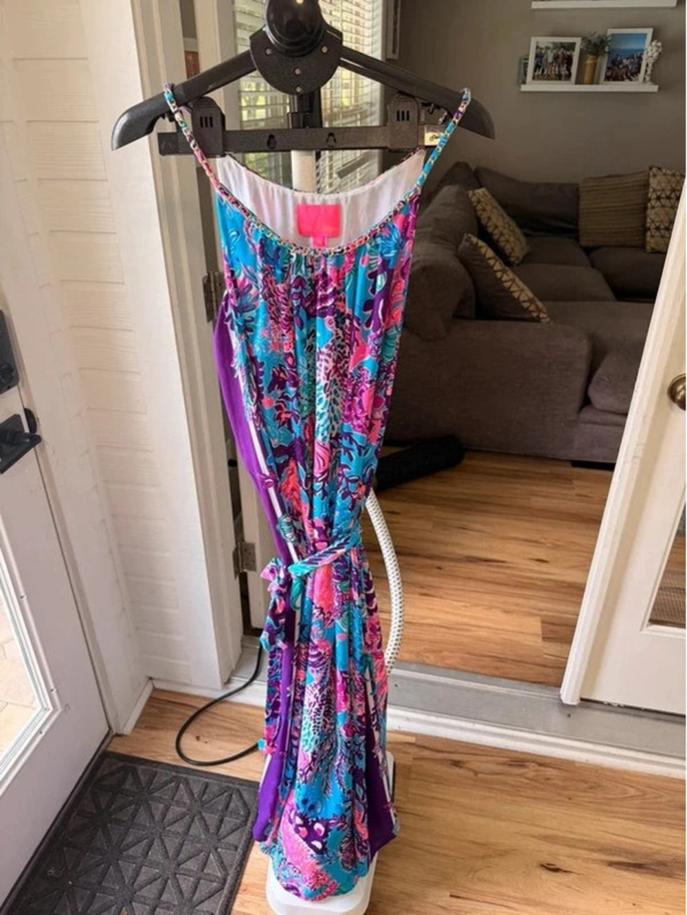 Lilly Pulitzer Rare Unicorn HTF Maxi Dress M Gold Chain Tropical Print Belted